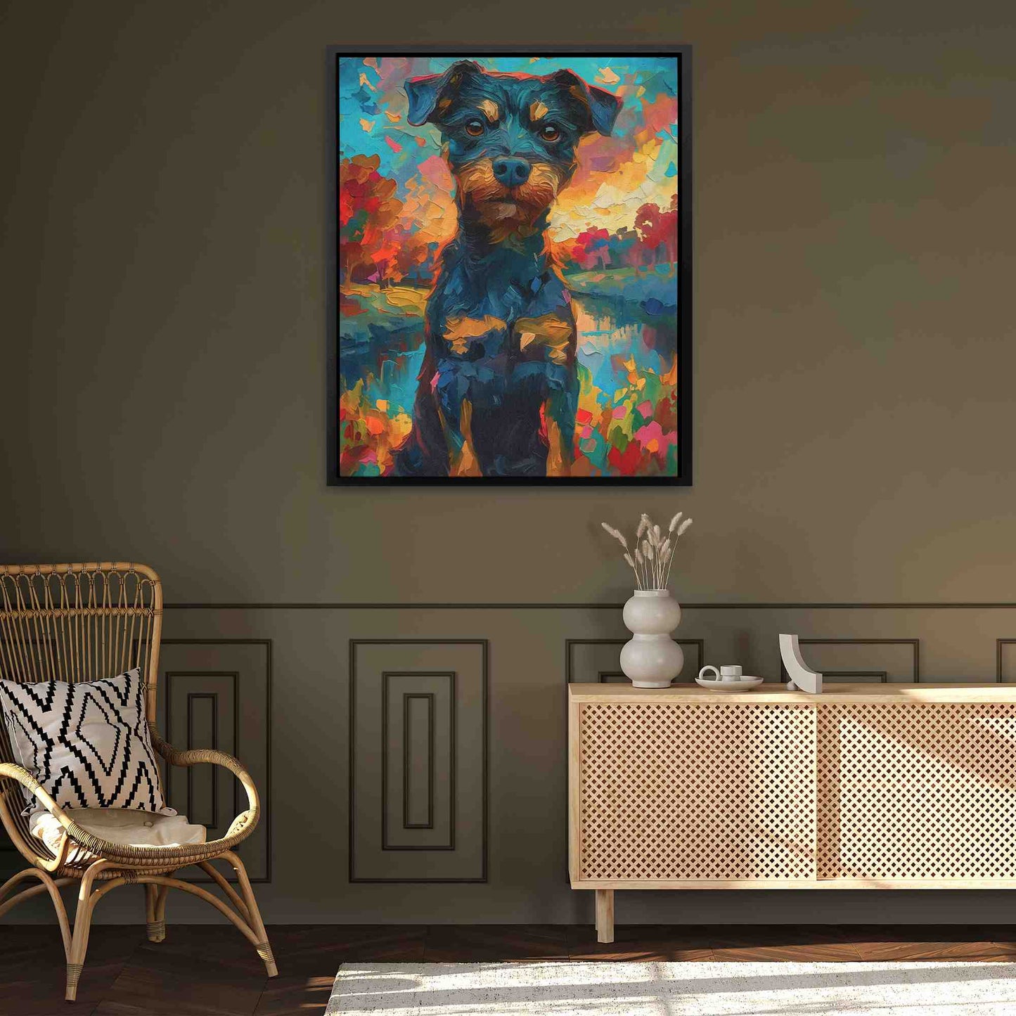 Dog in the Park - Maximalist Wall Art in Black Frame
