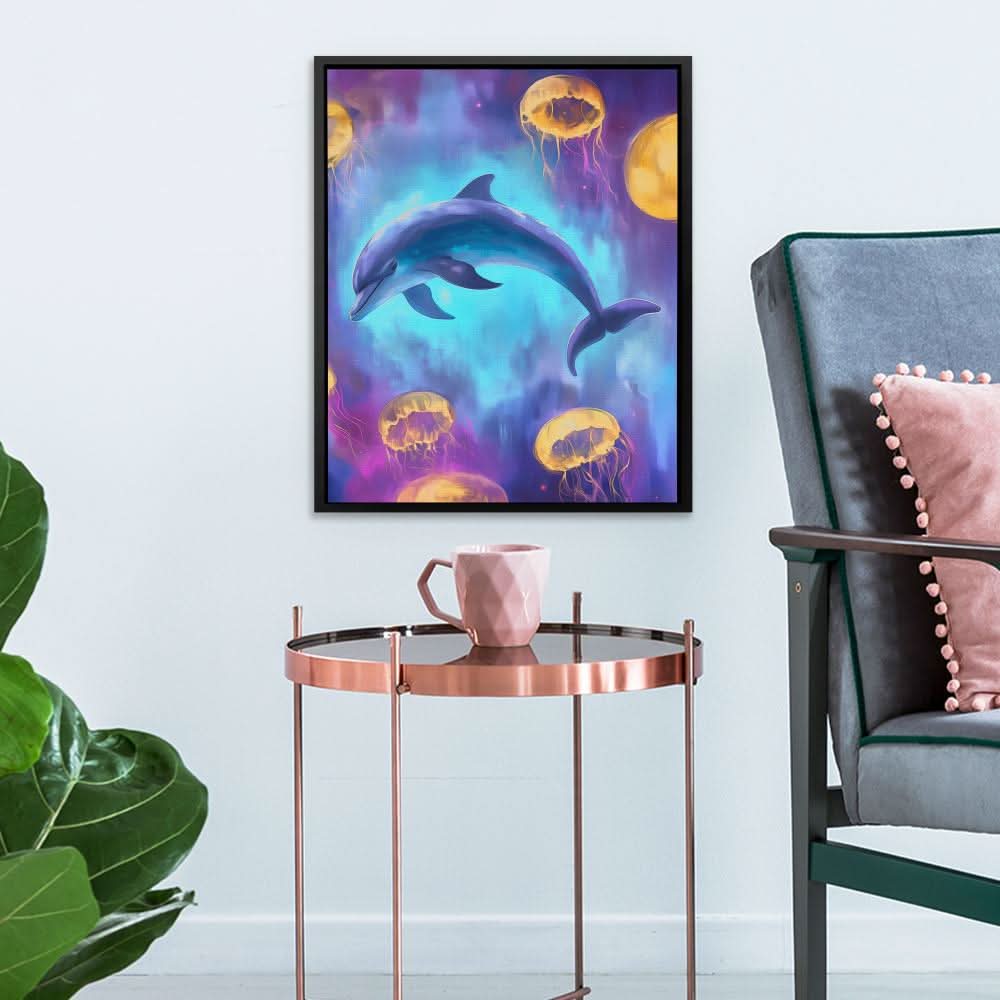 Dolphin and Jellies - Blue Canvas Wall Art