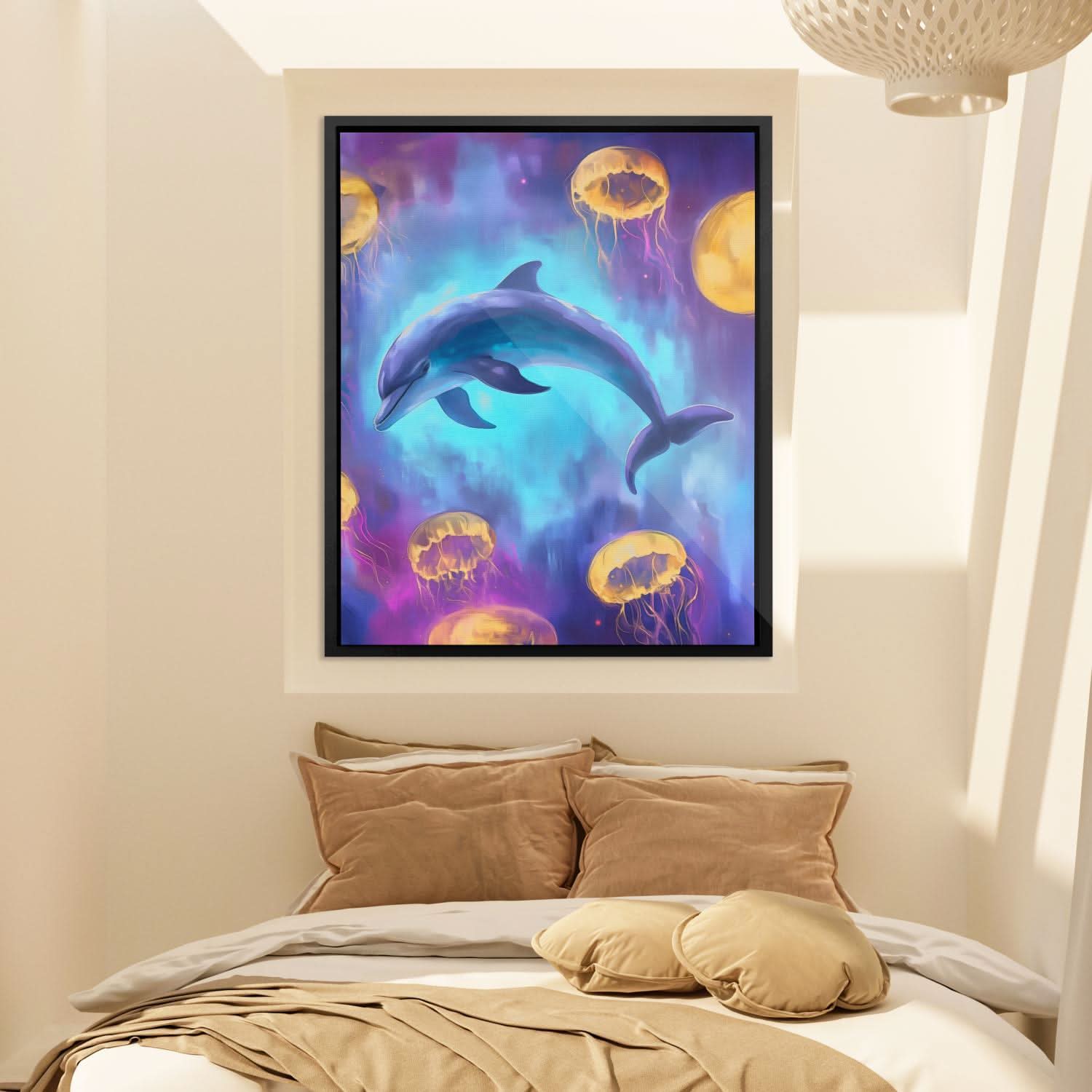 Dolphin and Jellies - Wall Art in Black Frame