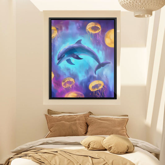 Dolphin and Jellies - Wall Art in Black Frame