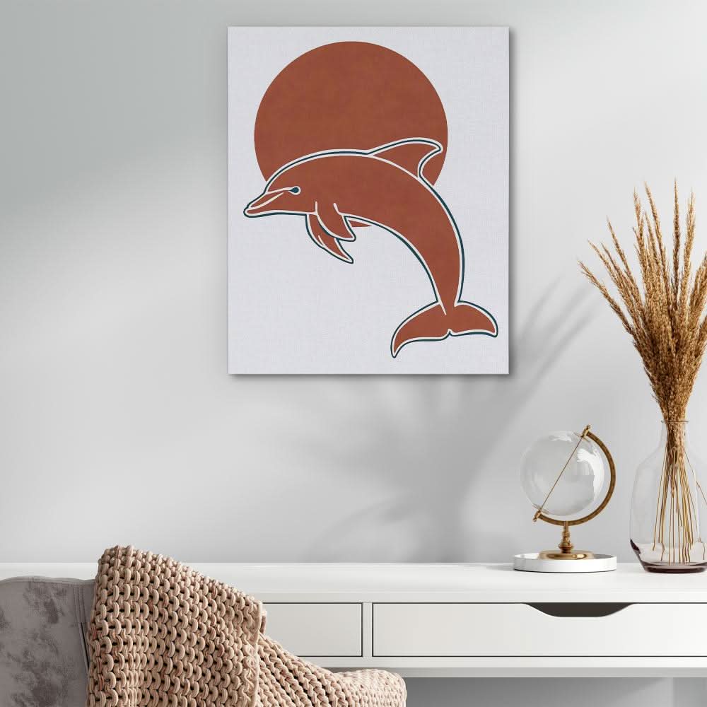 Dolphin and Sun Circle - Minimalist Earth Tones Canvas Wall Art