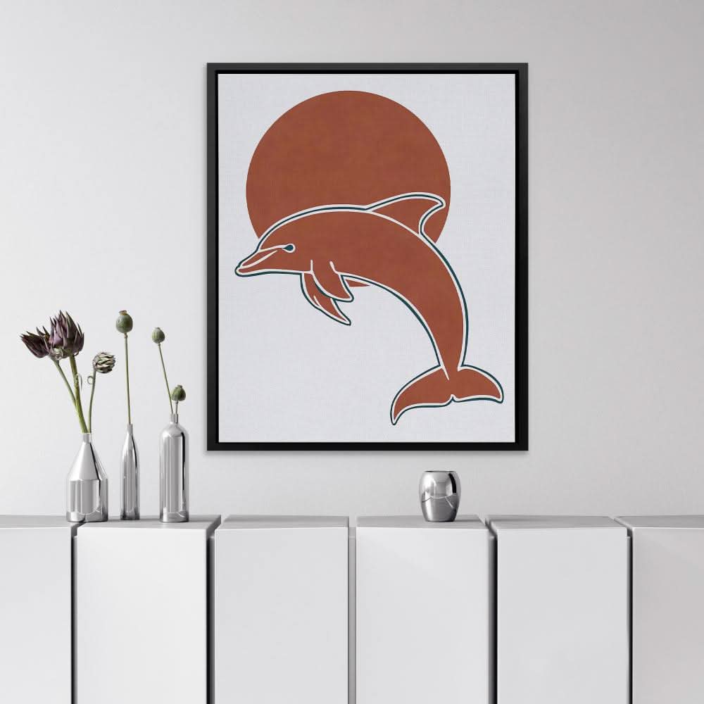 Dolphin and Sun Circle - Contemporary Wall Art in Black Frame
