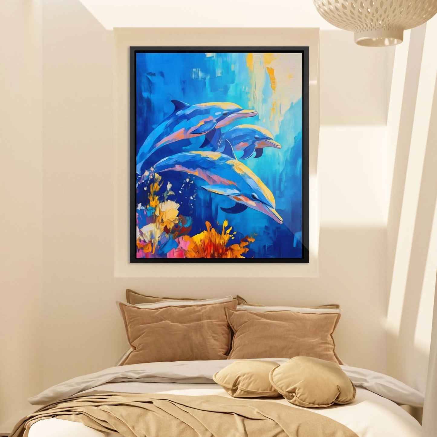 Dolphins In Motion - Blue Coastal Canvas Print