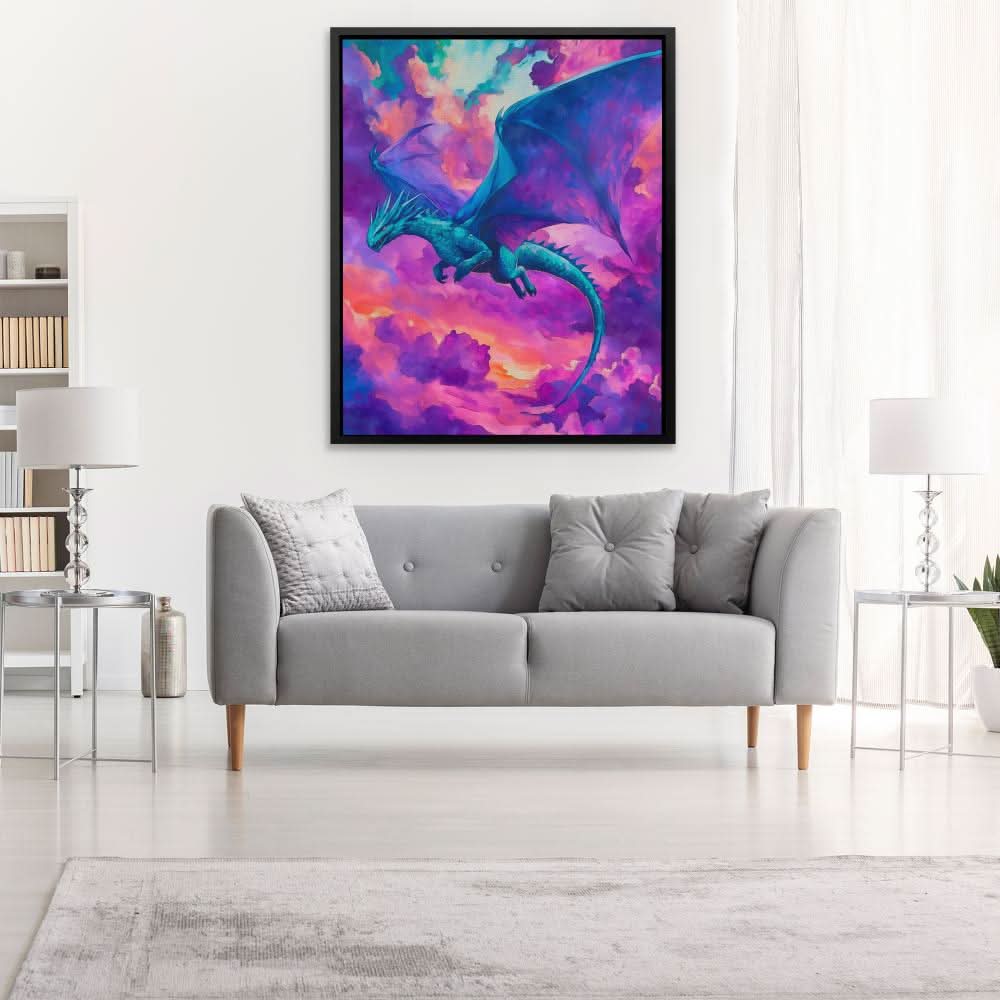 Dragon Among the Clouds - Pink and Purple Wall Art in Black Frame