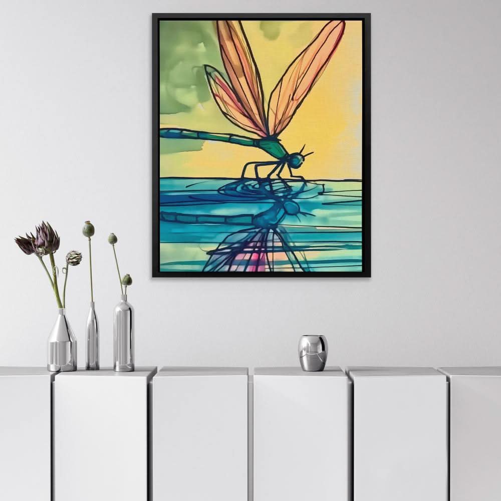 Dragonfly Reflection - Watercolor Wall Art in Black Frame