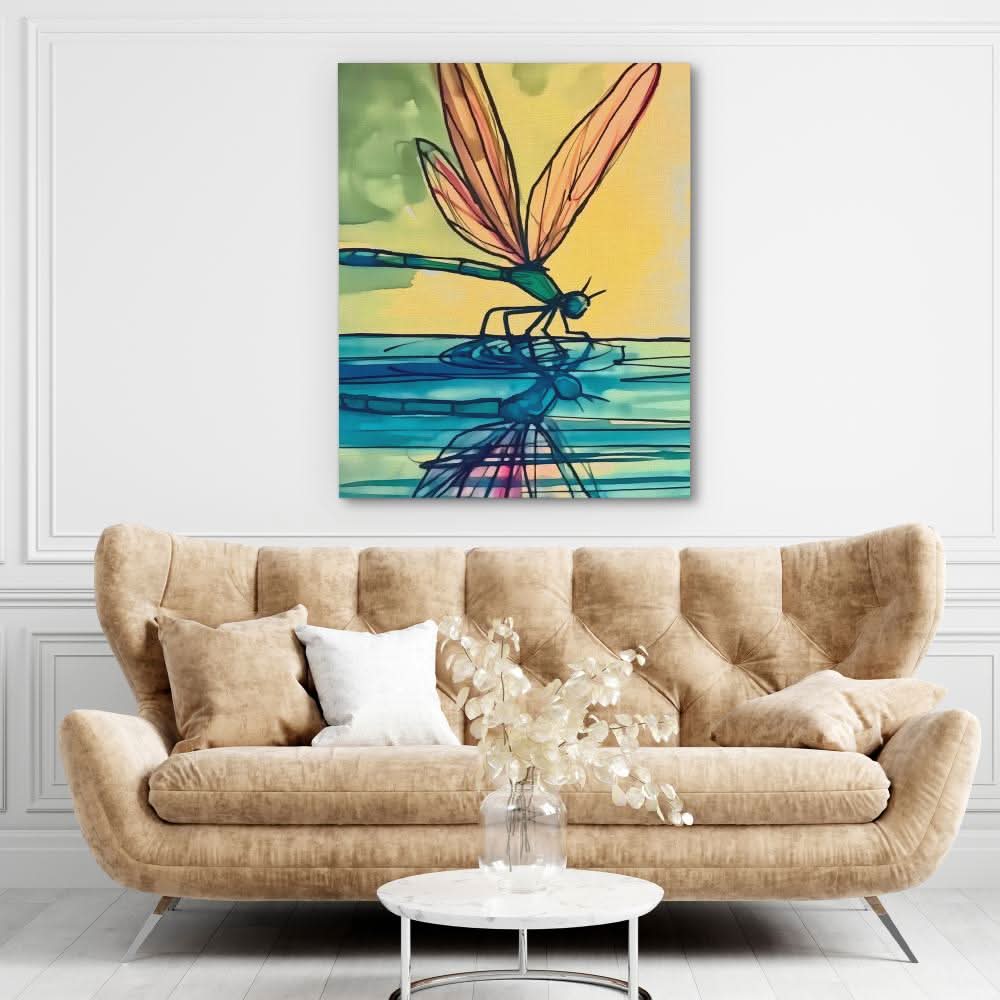 Dragonfly Reflection - Watercolor Blue Canvas Wall Art