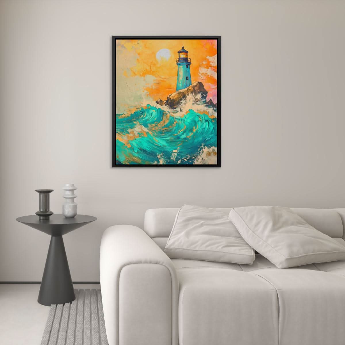 Dramatic Lighthouse - Coastal Wall Art in Black Frame