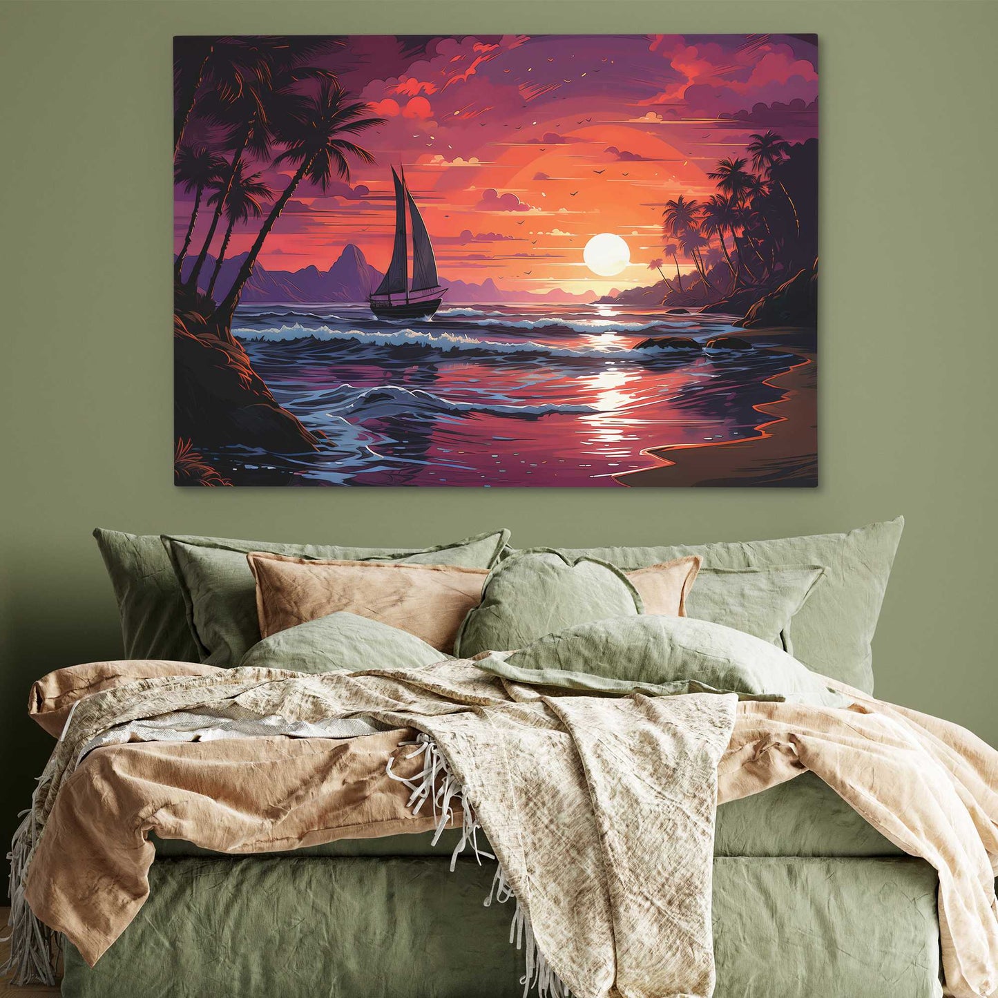Dream Wave Sunset - Vaporwave Red Canvas Wall Art