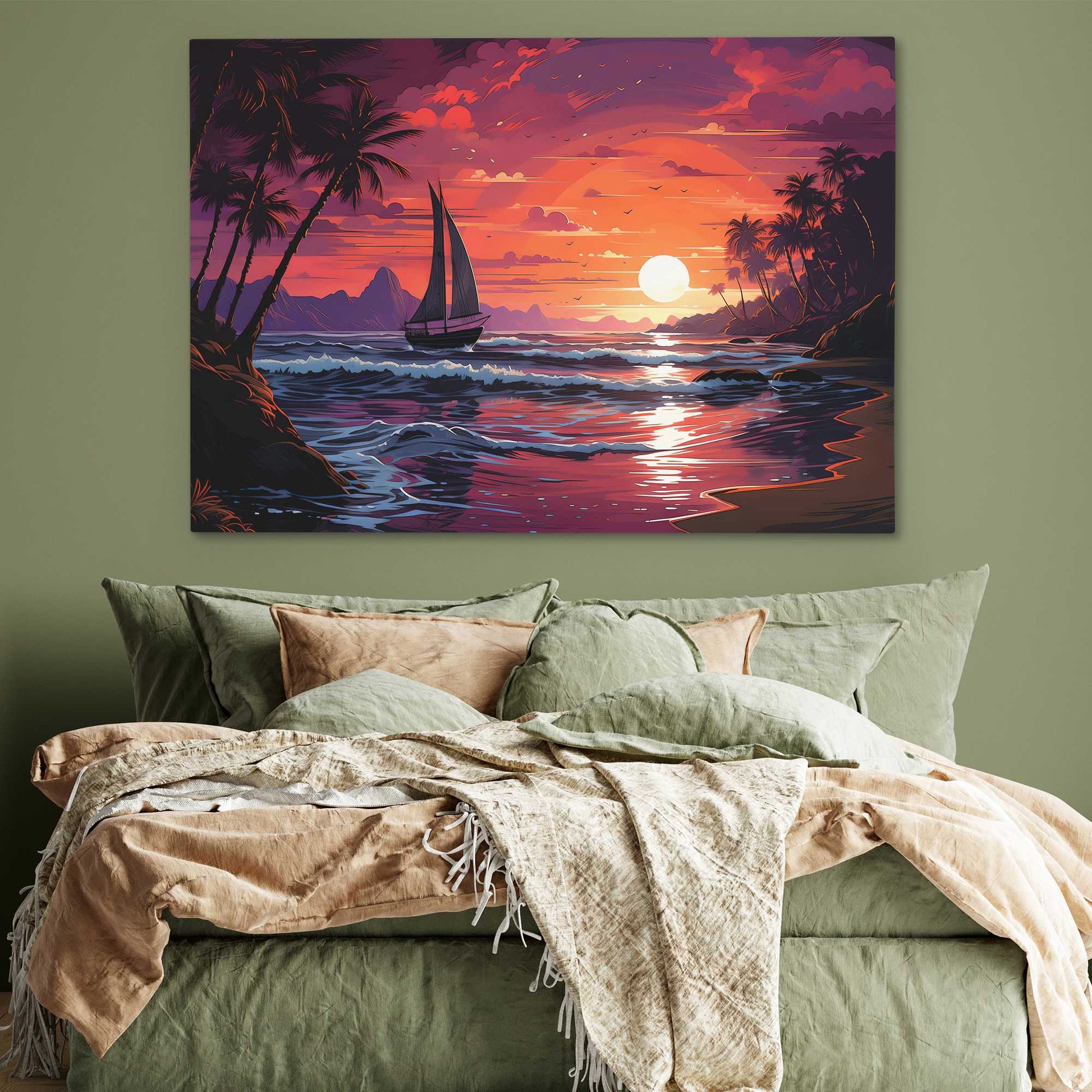 Dream Wave Sunset - Vaporwave Red Canvas Wall Art