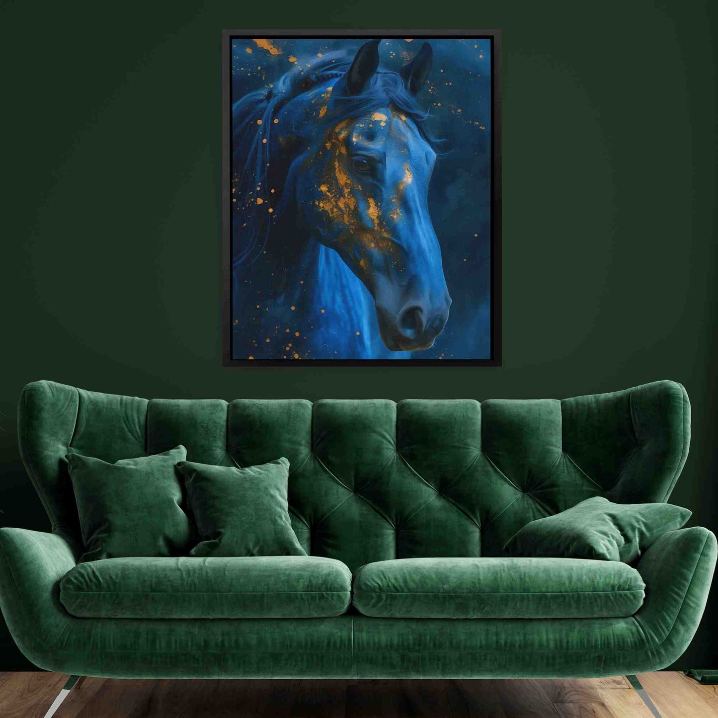 Dreaming Horse - Blue and Gold Wall Art in Black Frame