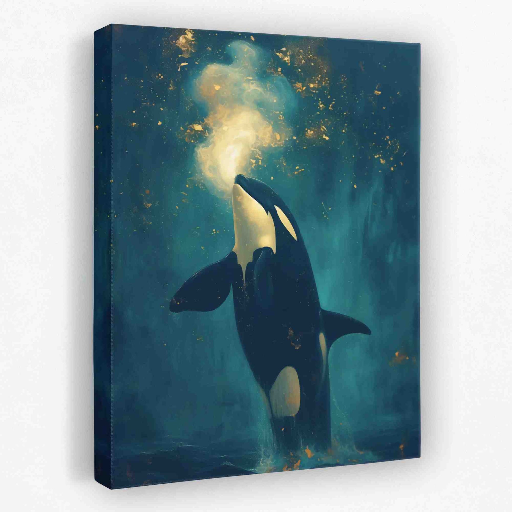 Dreaming of Orcas - Blue and Gold Canvas Wall Art