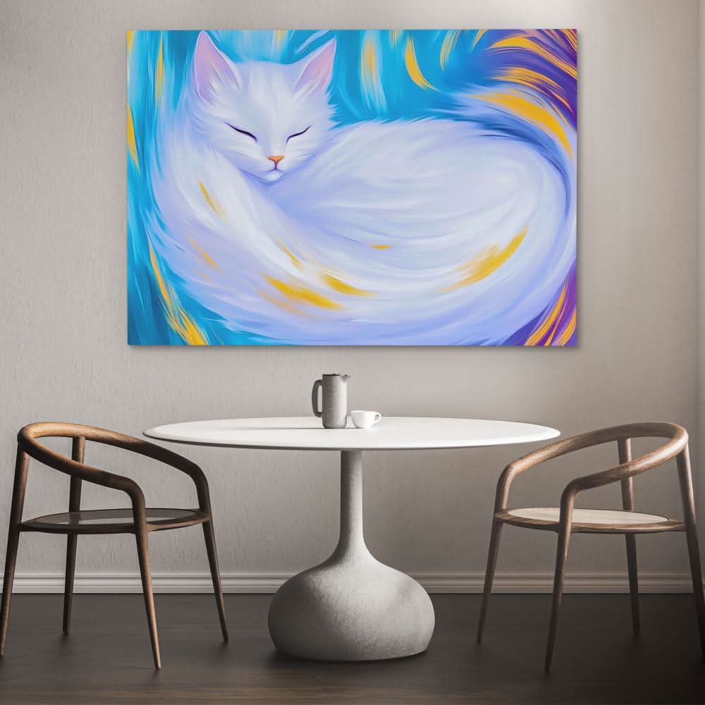 Dreaming White Cat - Blue Canvas Wall Art