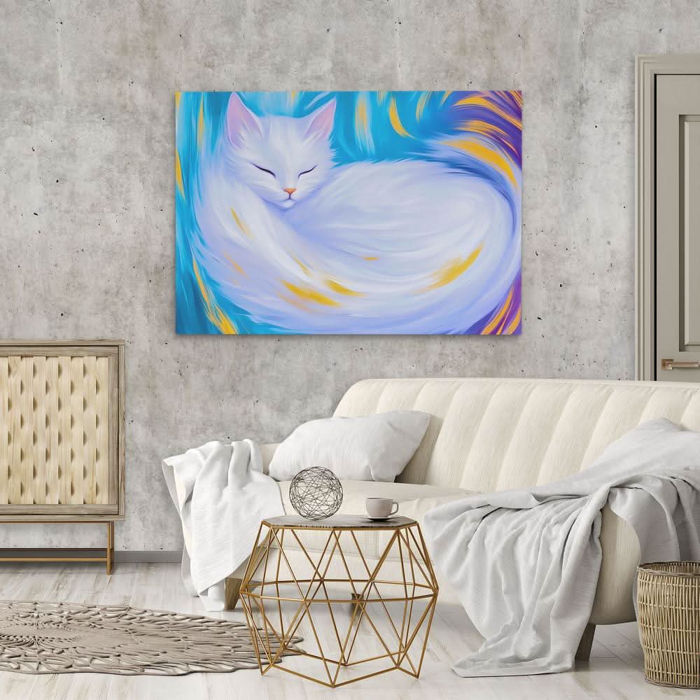 Dreaming White Cat - Blue Canvas Print