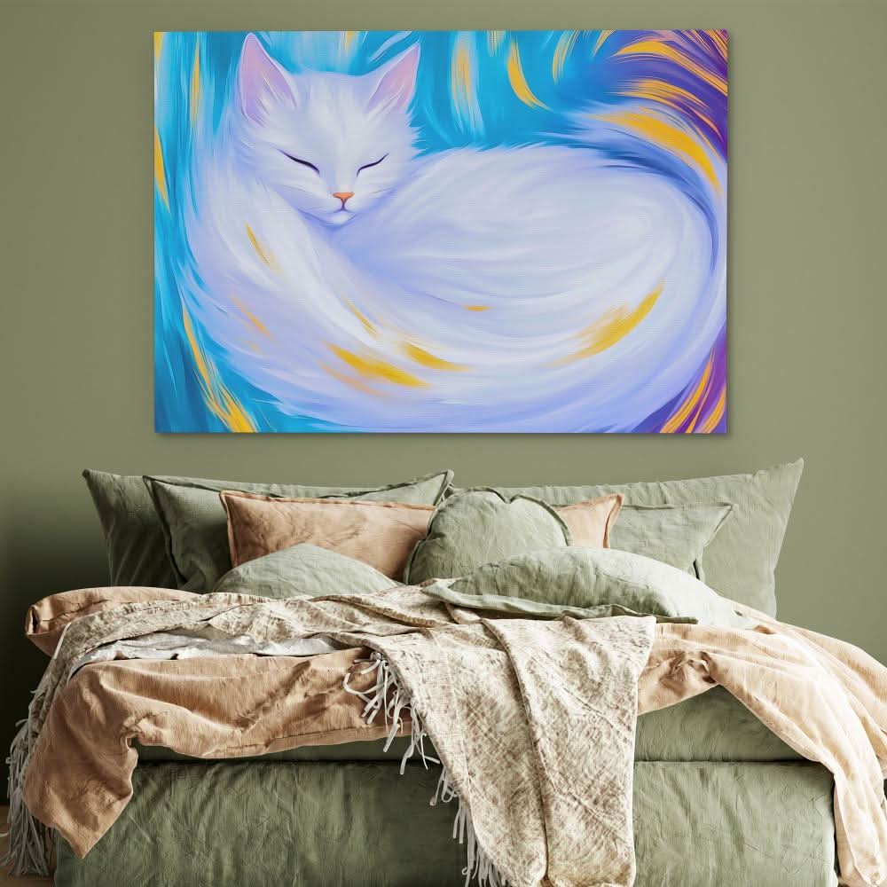 Dreaming White Cat - Cat Wall Art in Black Frame