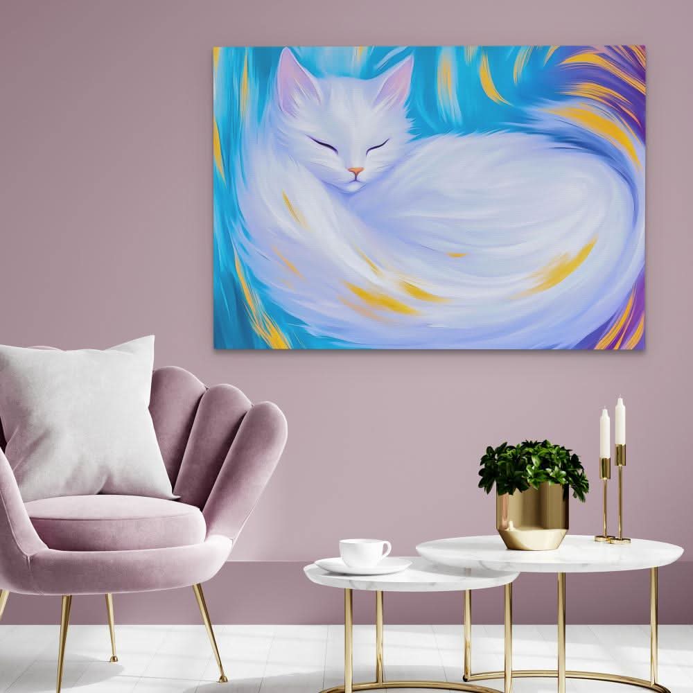 Dreaming White Cat - Blue Wall Art for Women’s Office Art