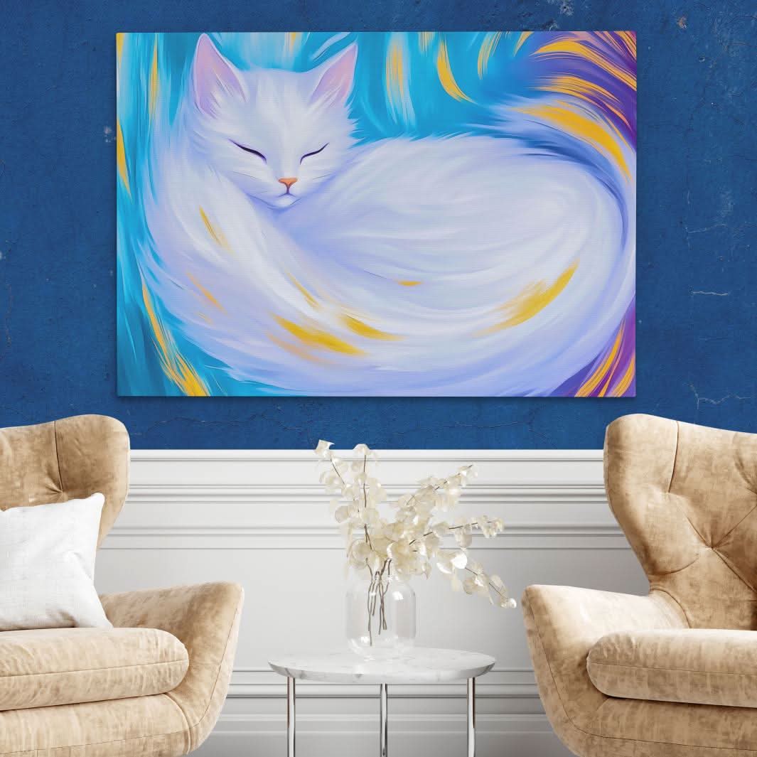 Dreaming White Cat - Wall Art in Black Frame