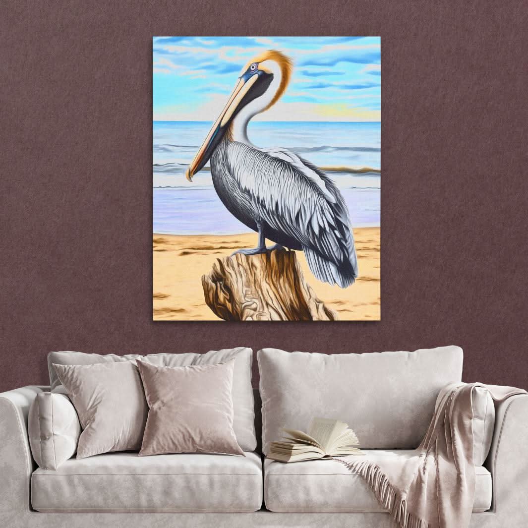 Driftwood Pelican Perch - Beige Bird Canvas Print
