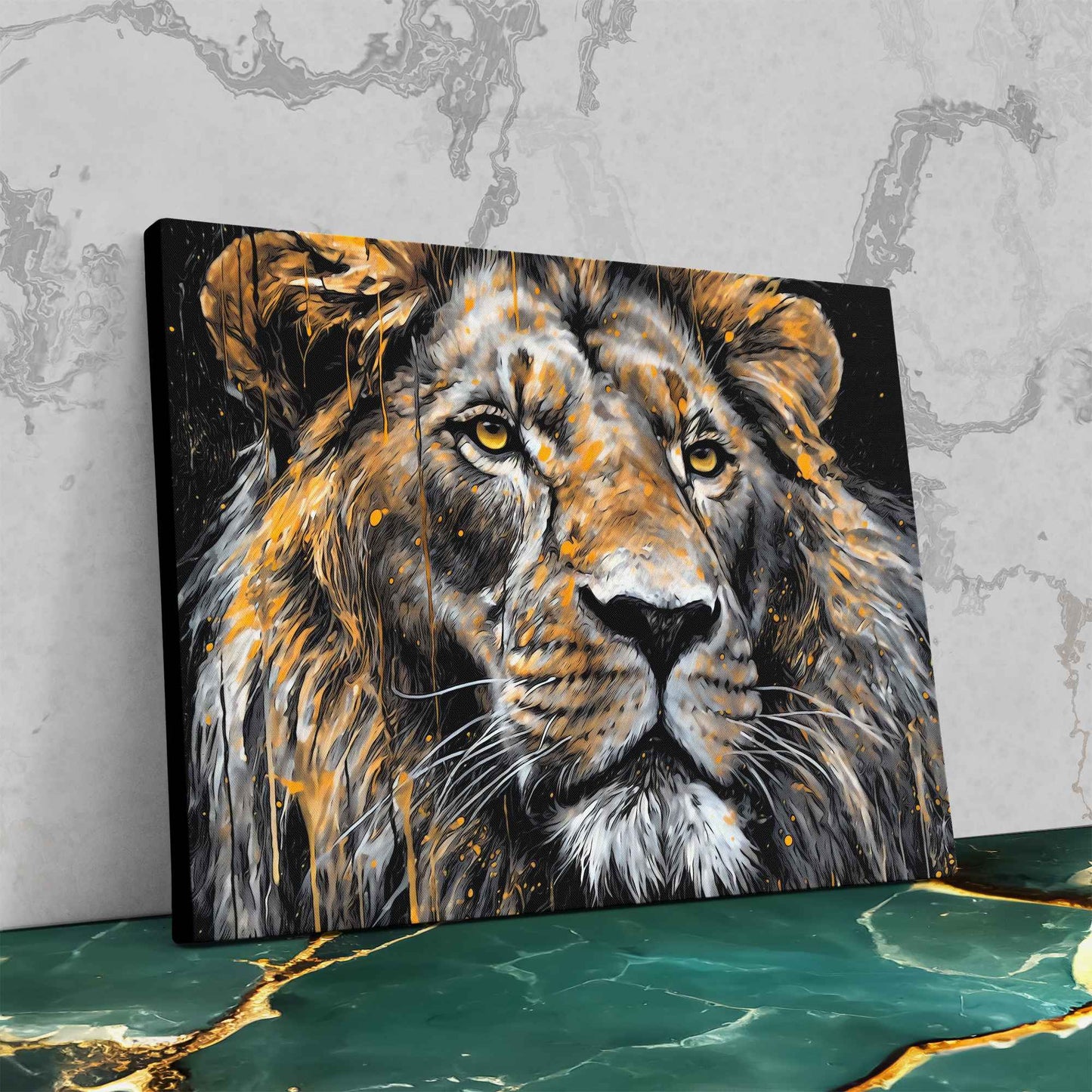 Dripping Gold Lion - Wall Art in Black Frame