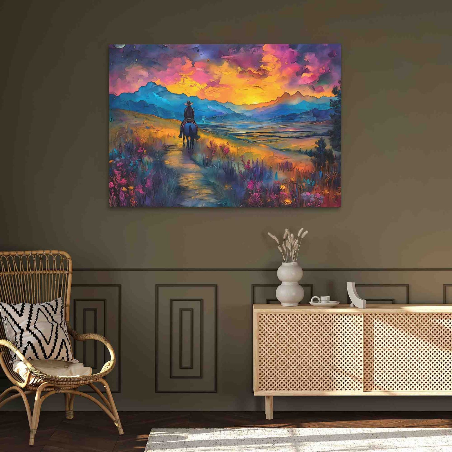 Dusk Mountain - Cowboy Wall Art in Black Frame