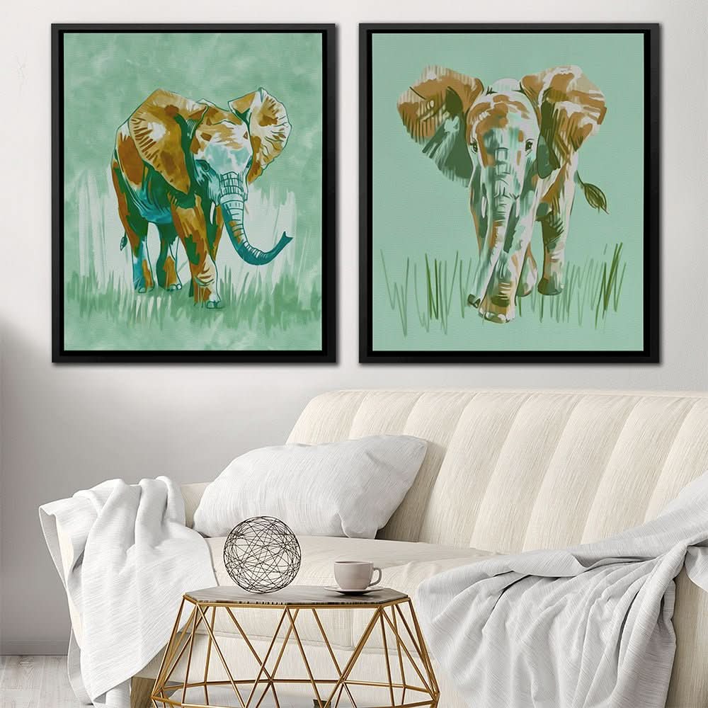 Earthy Tones Elephant Pair - Elephant Wall Art in Black Frame