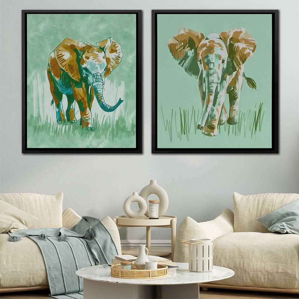 Earthy Tones Elephant Pair - Bohemian Wall Art in Black Frame
