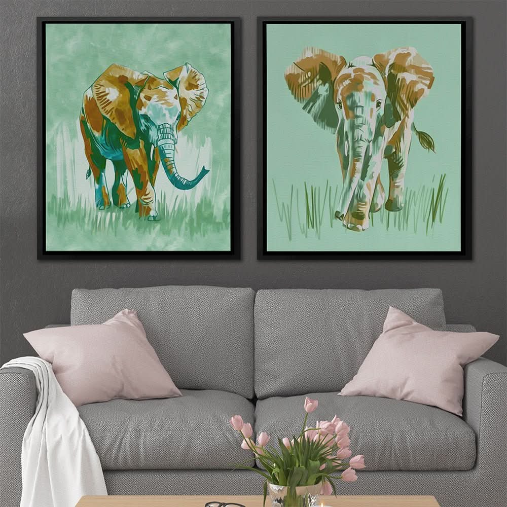 Earthy Tones Elephant Pair - Contemporary Green Canvas Wall Art