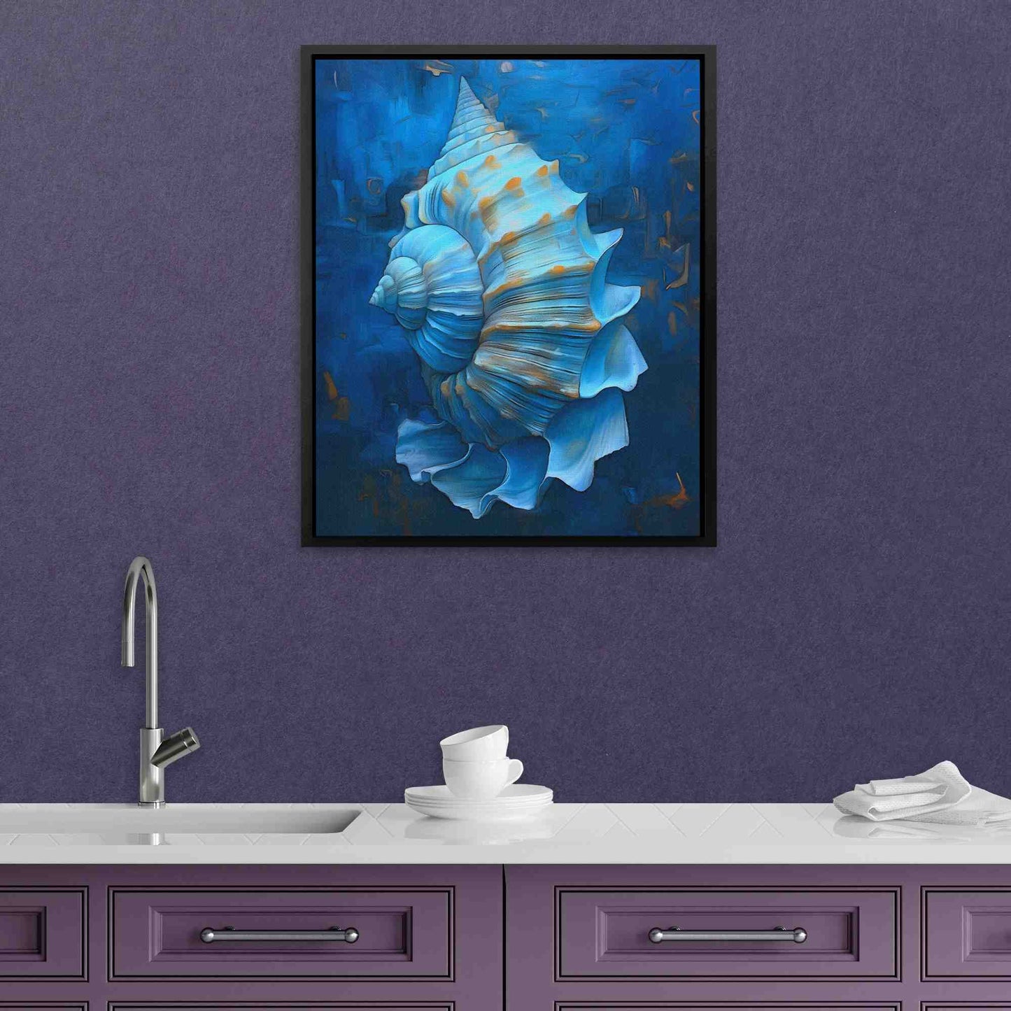 Elaborate Conch Shell - Blue and Gold Wall Art in Black Frame