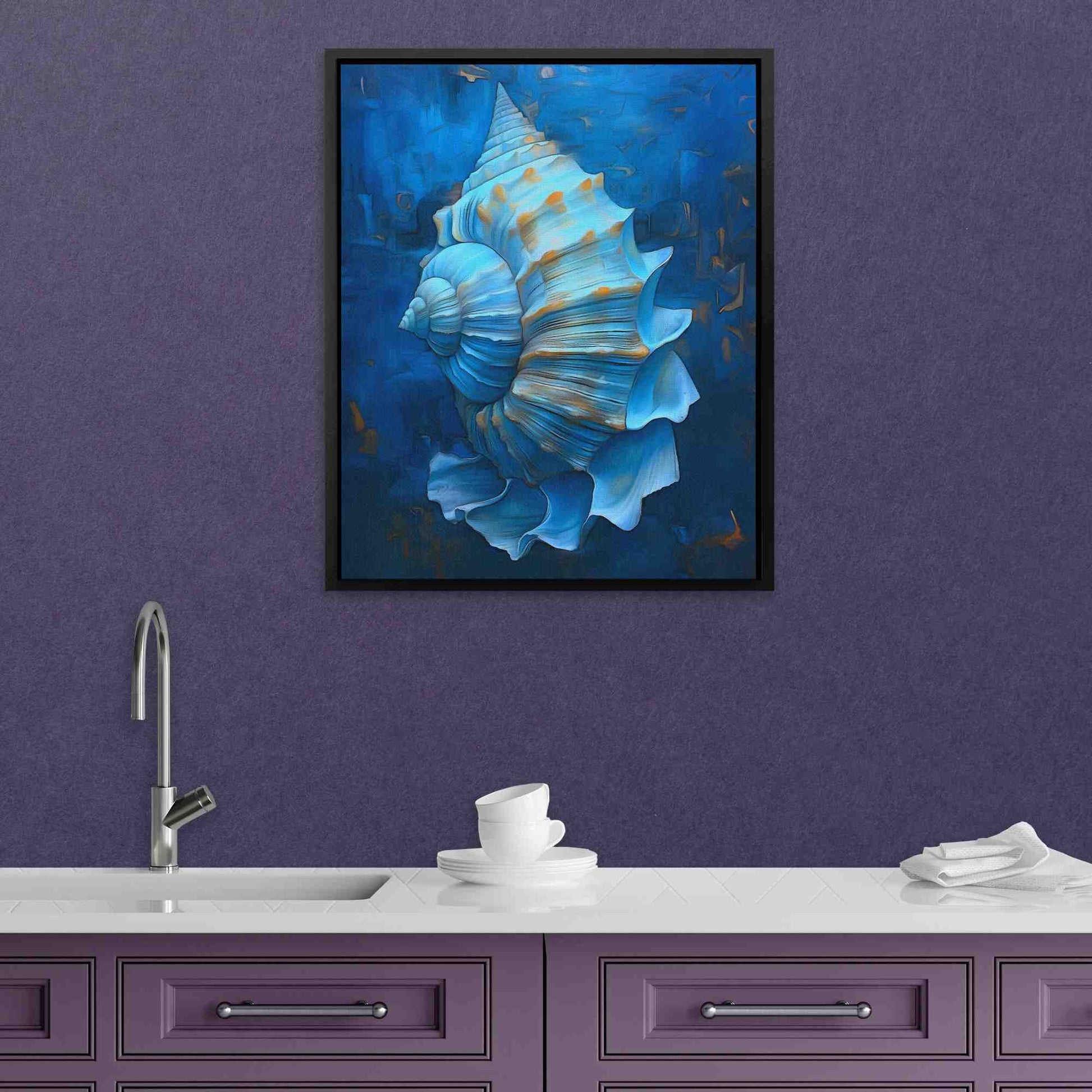 Elaborate Conch Shell - Blue and Gold Wall Art in Black Frame