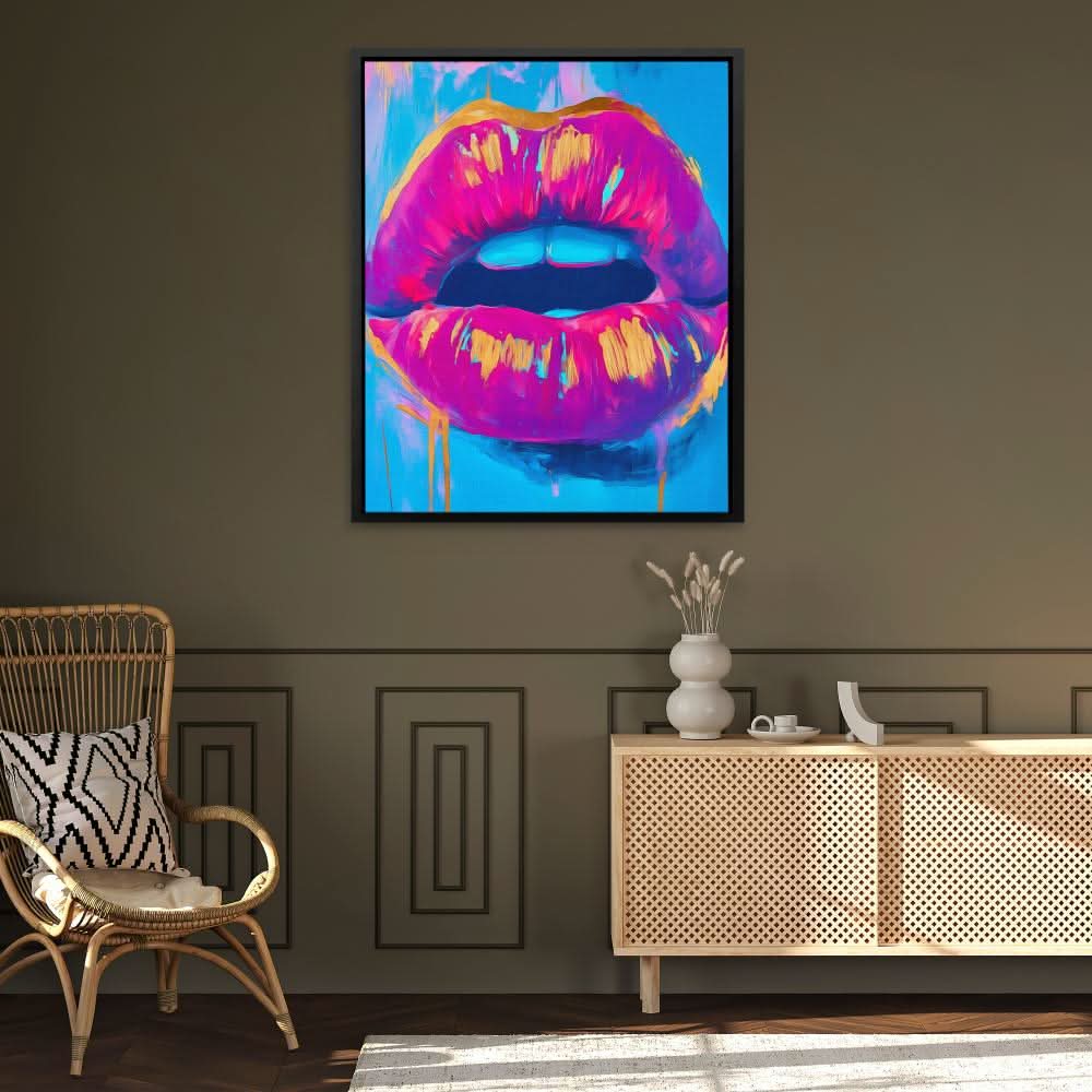 Electric Lips Drip - Lips Wall Art in Black Frame