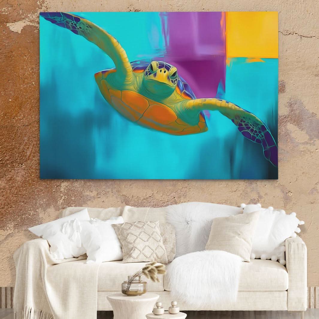 Electric Tide Turtle - Beach House Wall Art in Black Frame