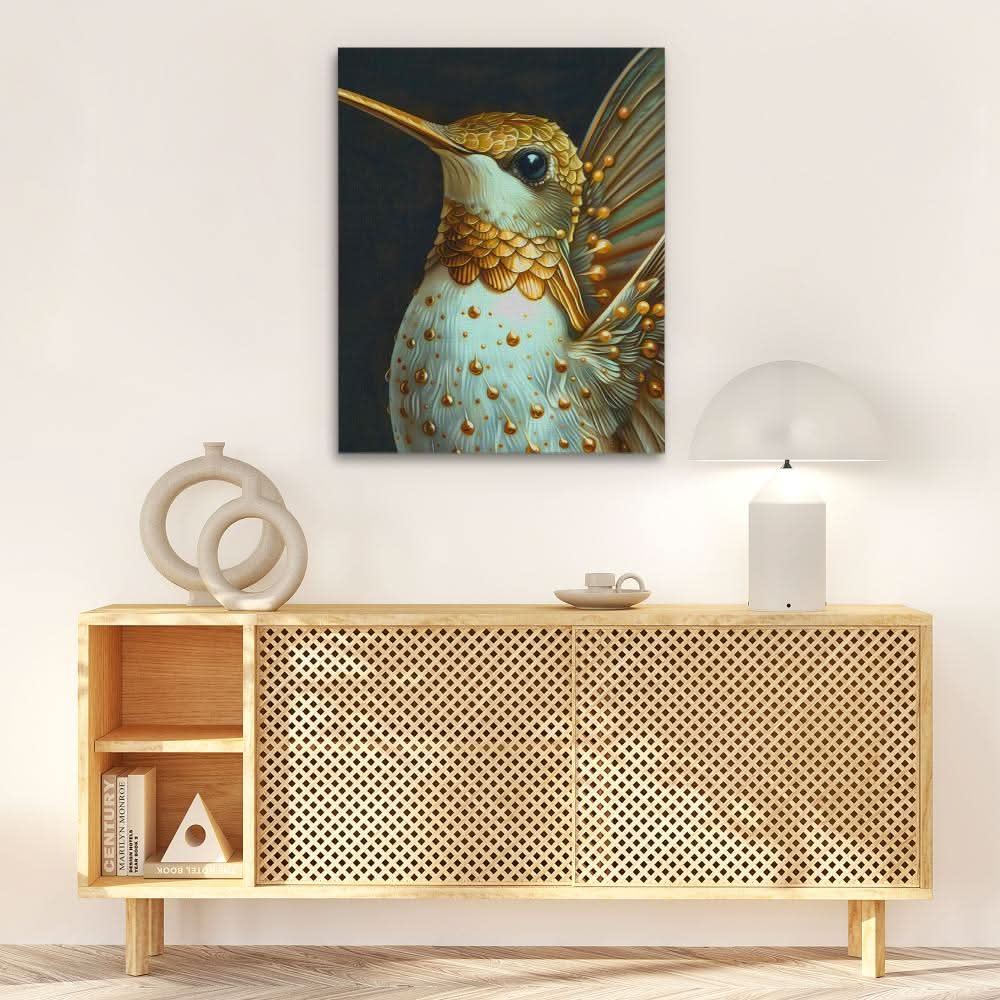Elegant Hummingbird - Black and Gold Bird Canvas Print