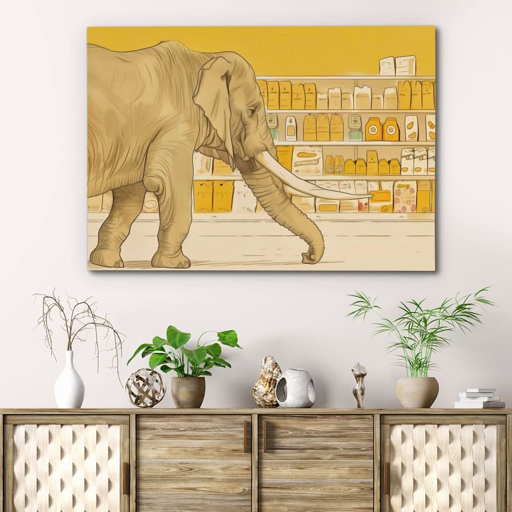 Elephant Grocery Shopping - Beige Wall Art for Kitchen
