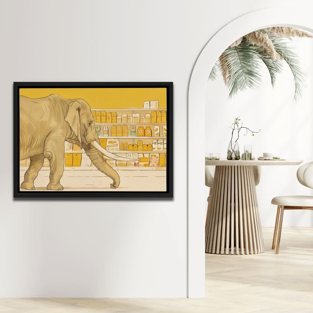 Elephant Grocery Shopping - Elephant Wall Art in Black Frame