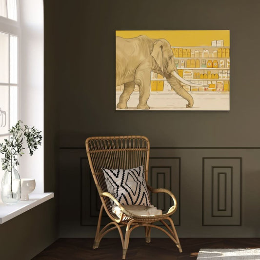 Elephant Grocery Shopping - Modern Wall Art in Black Frame