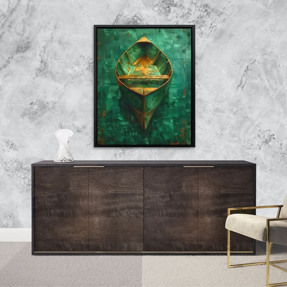 Emerald Canoe - Contemporary Wall Art in Black Frame