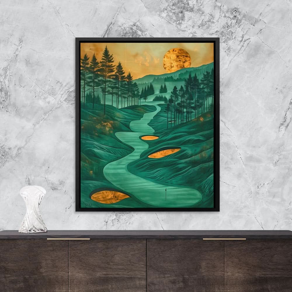 Emerald Golf Course - Modern Wall Art in Black Frame