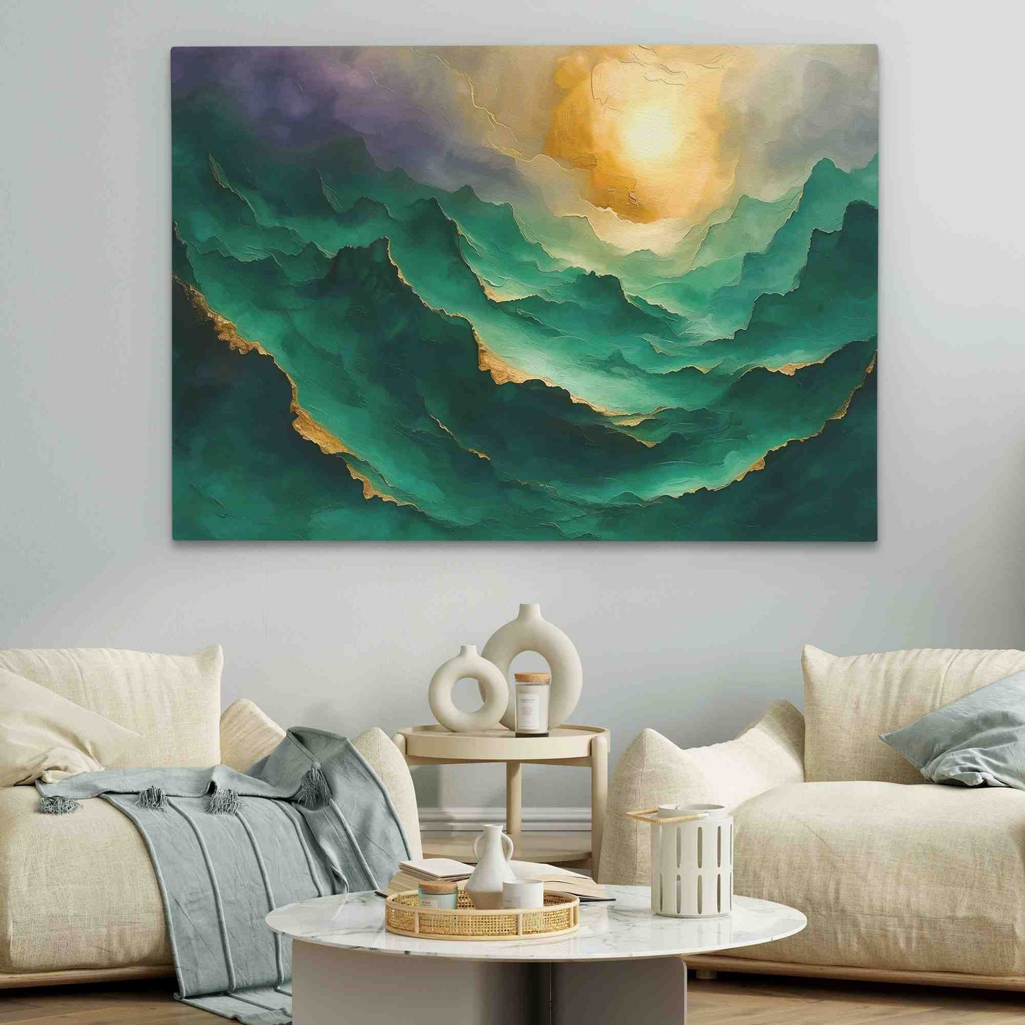 Emerald Mountaintops - Green and Gold Wall Art in Black Frame