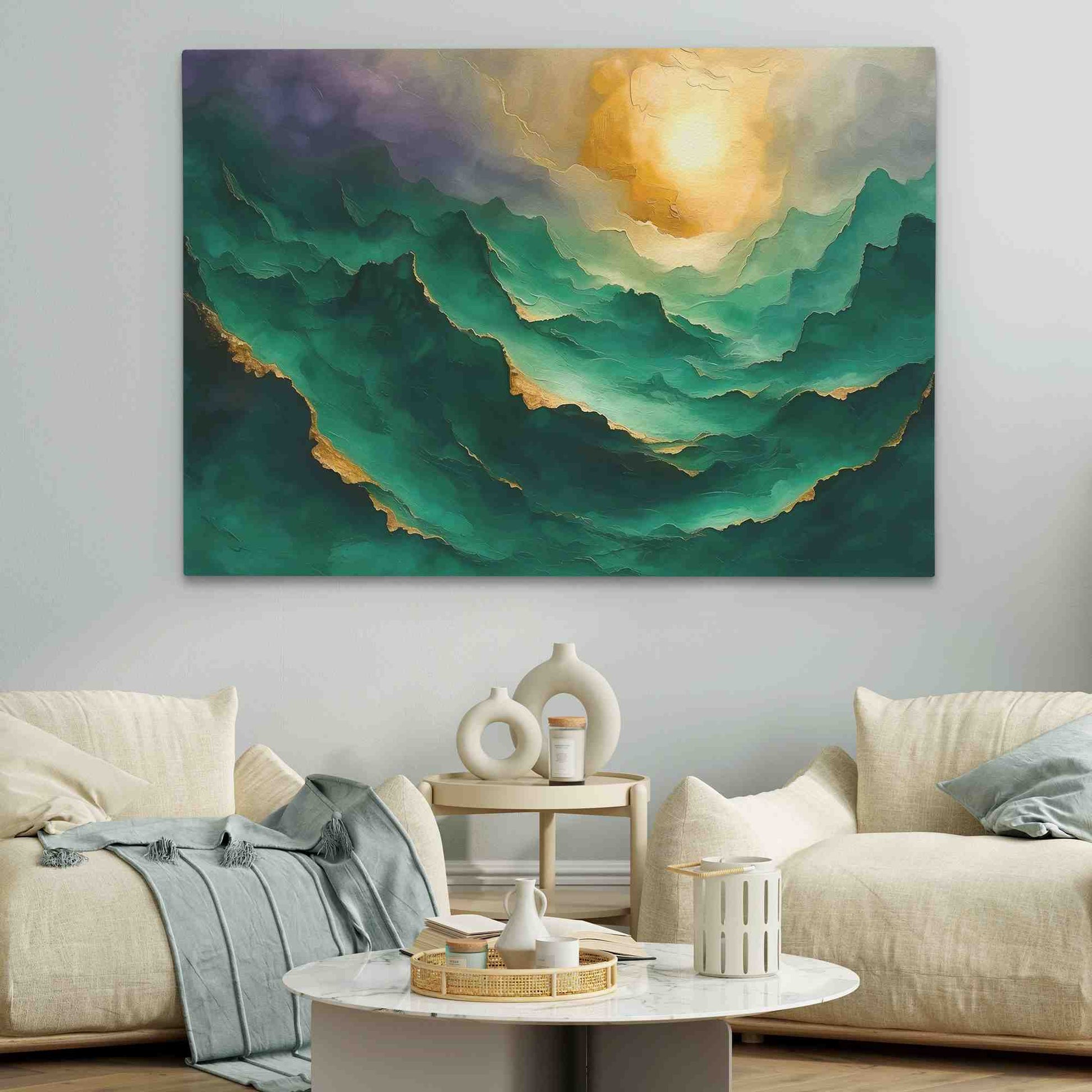Emerald Mountaintops - Green and Gold Wall Art in Black Frame