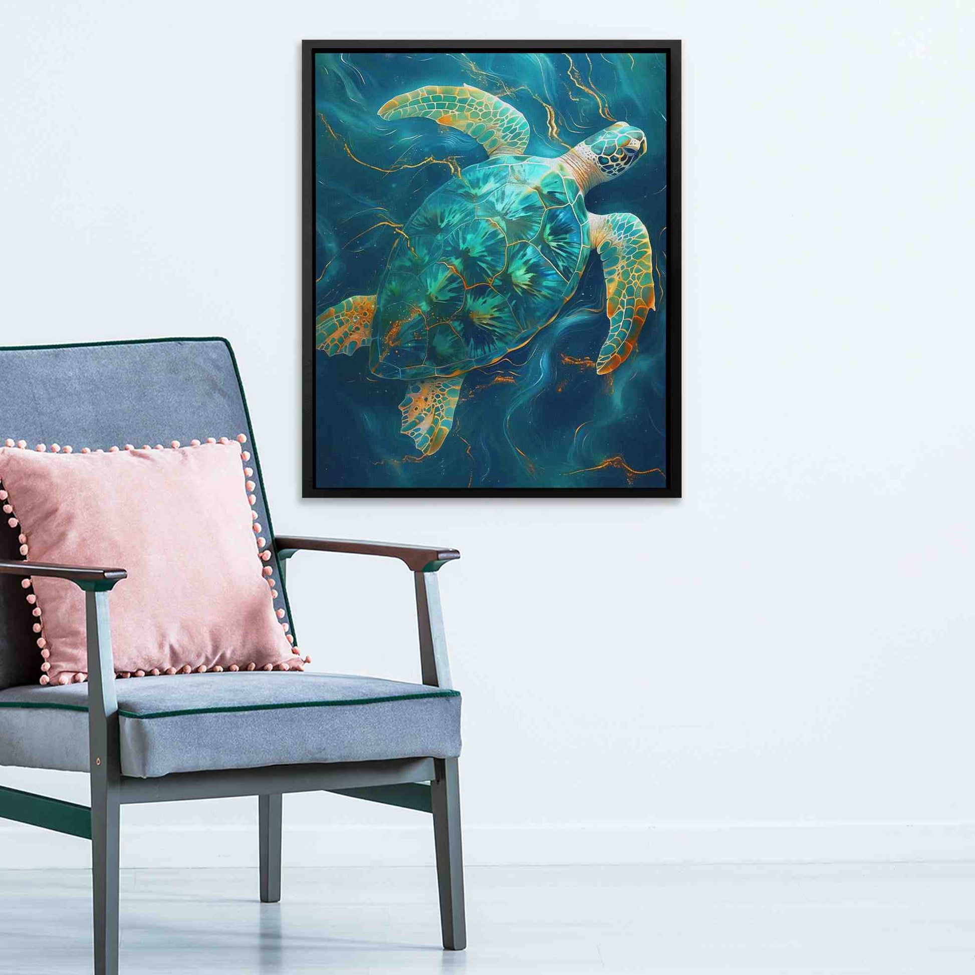 Emerald Tortoise - Aqua Wall Art in Black Frame