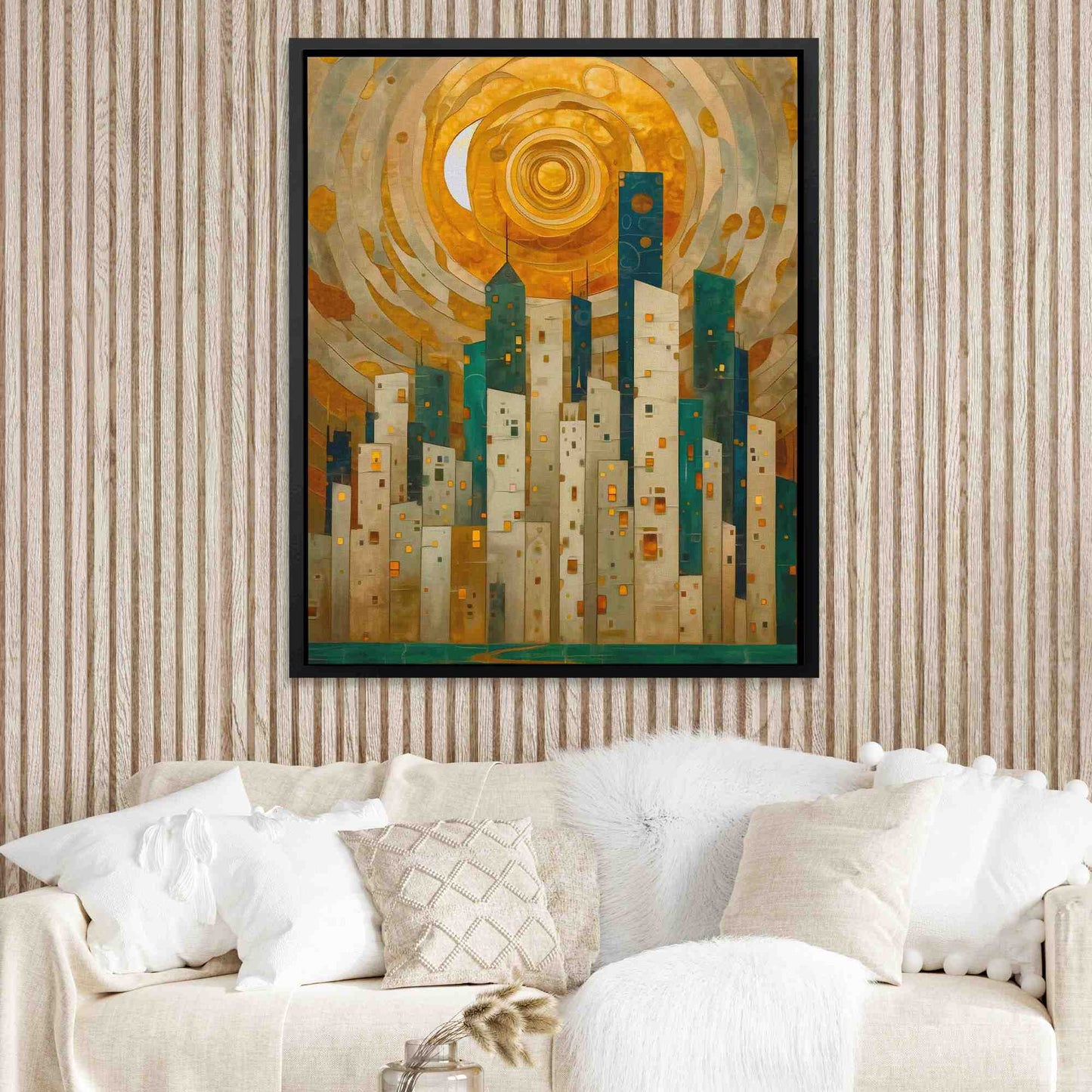 Emerald Valley City - Surrealism Wall Art in Black Frame