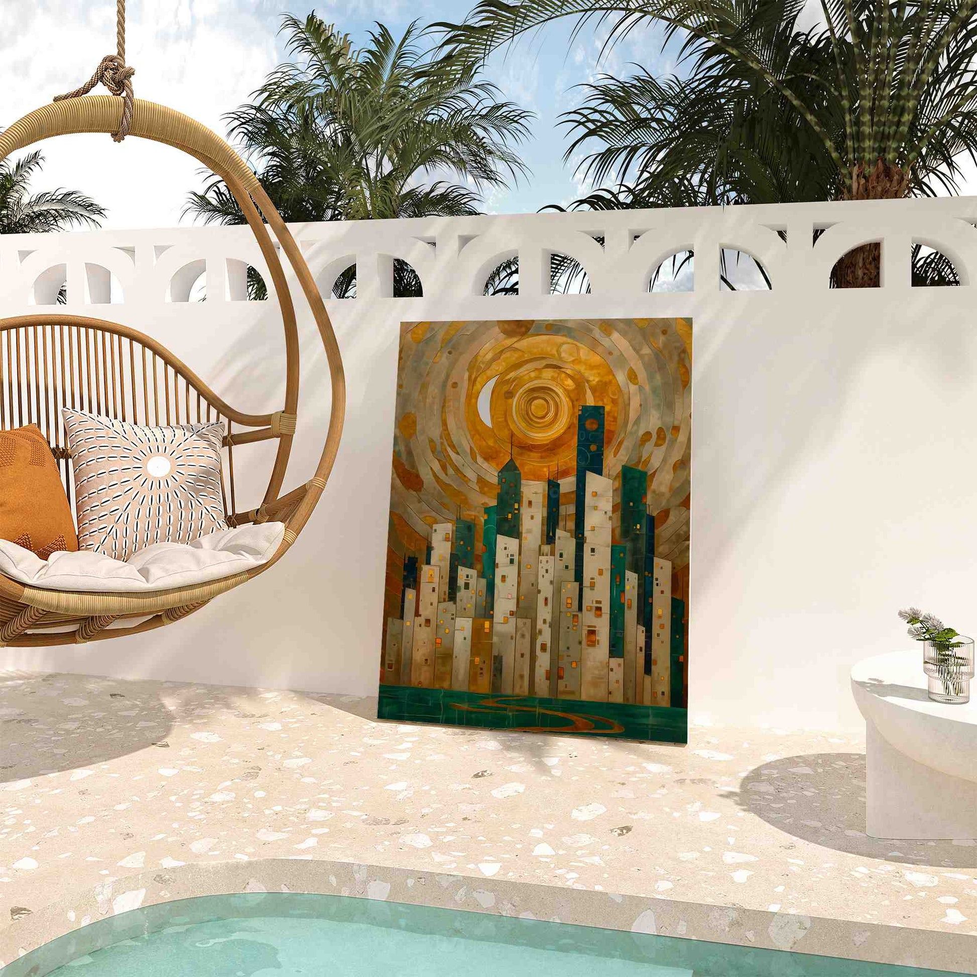 Emerald Valley City - Surrealism Gold Canvas Wall Art