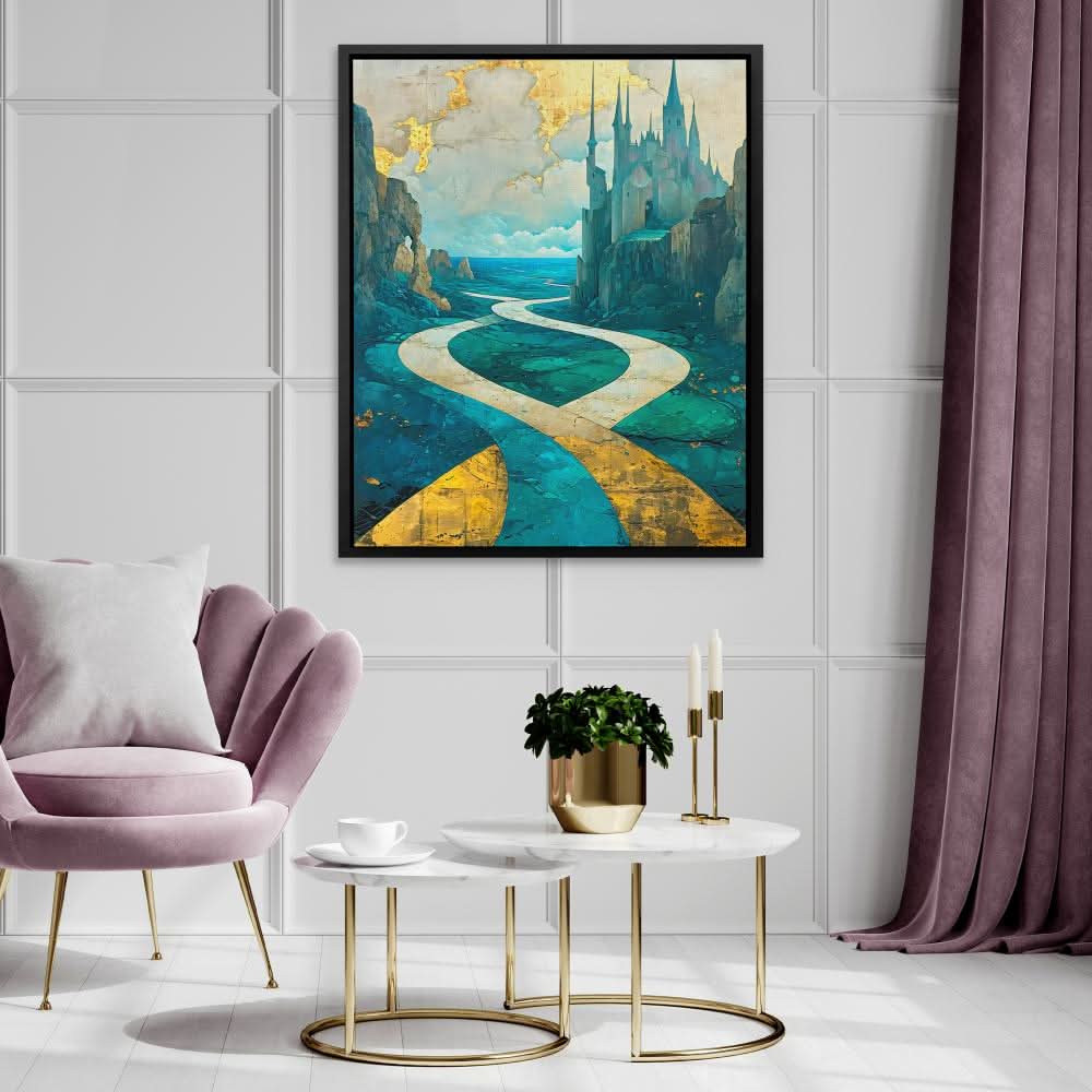 Enchanted Castle Pathway - Turquoise Wall Art in Black Frame