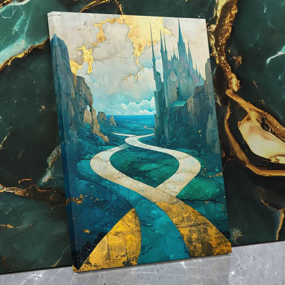 Enchanted Castle Pathway - Surrealism Green Canvas Wall Art