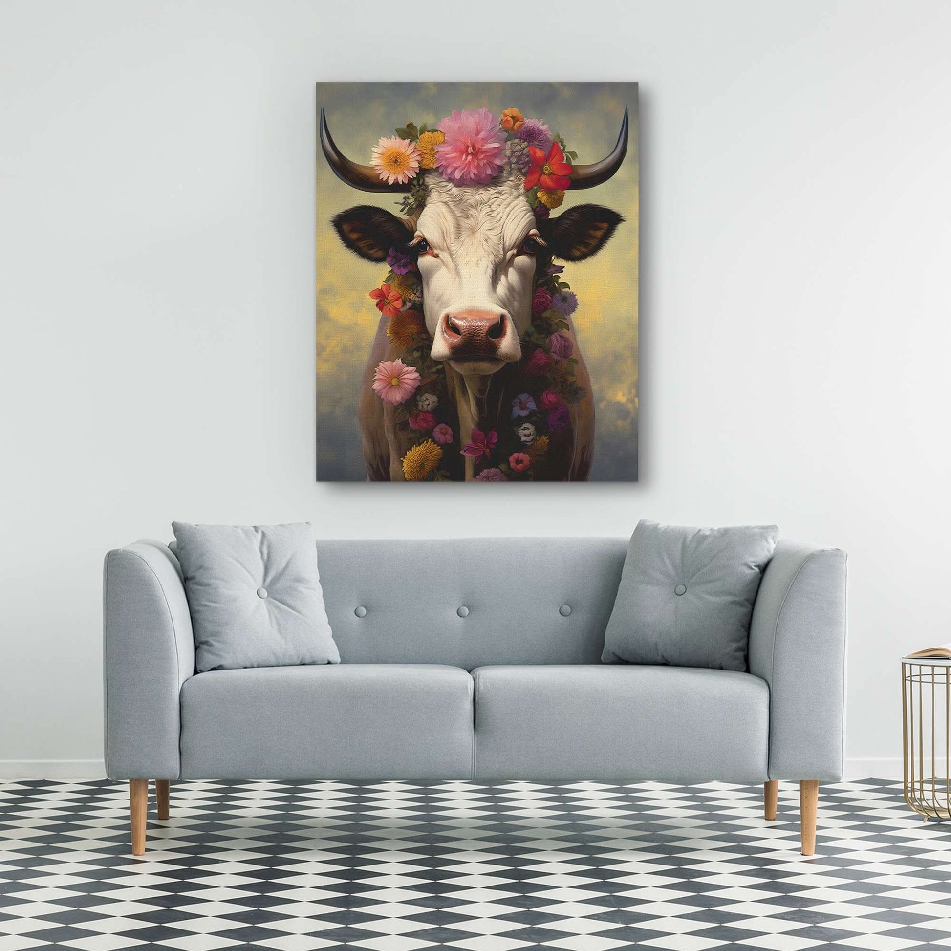 Energetic Pasture - Cow Wall Art in Black Frame