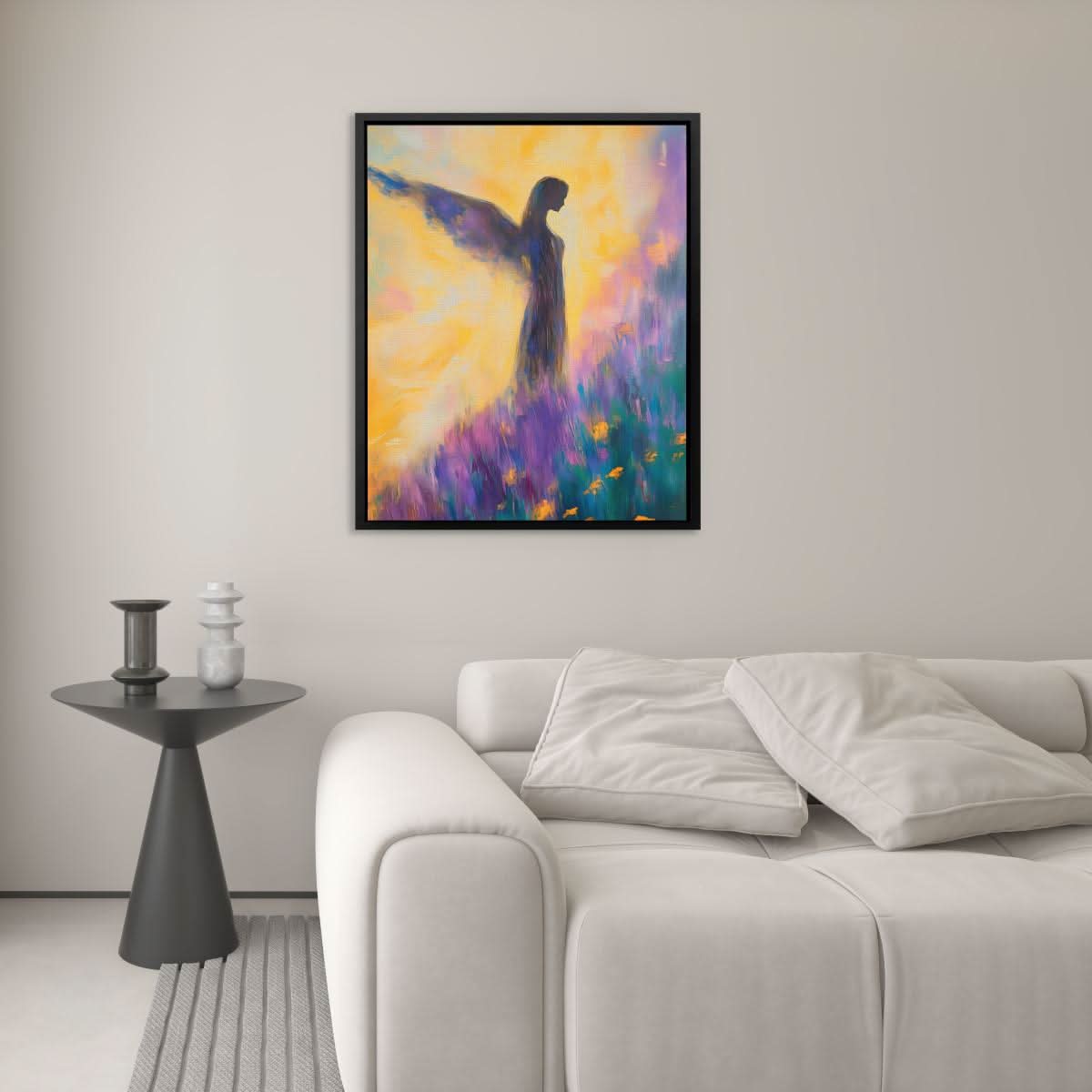 Ethereal Grace - Purple and Gold Wall Art in Black Frame