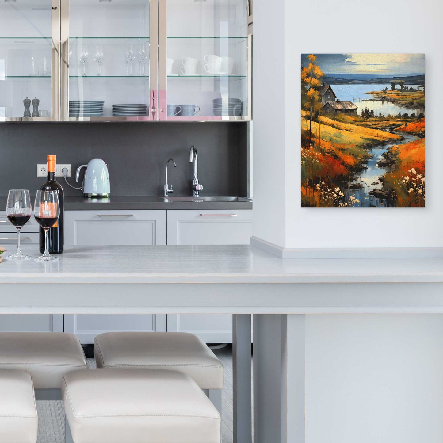 Farm By the Lake - Wall Art in Black Frame