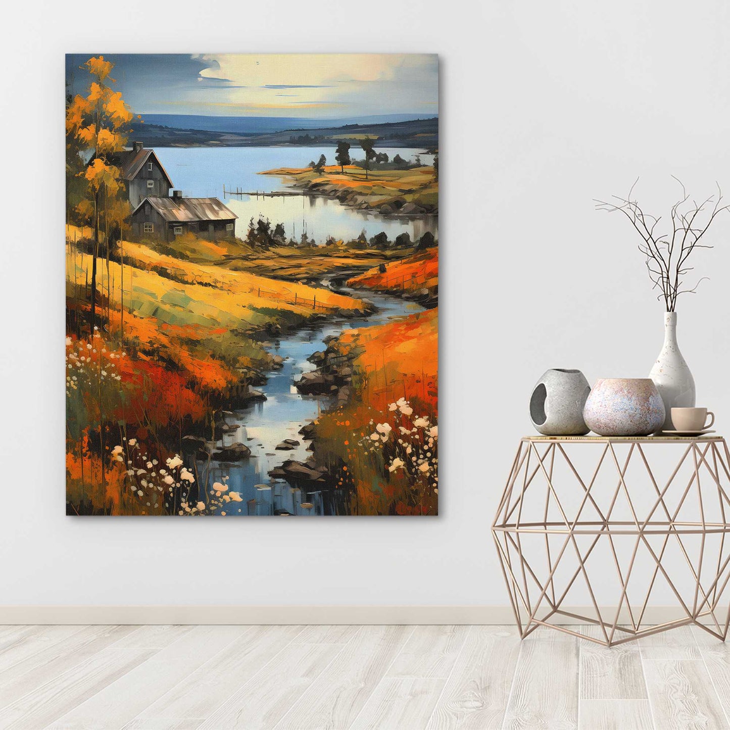 Farm By the Lake - Yellow Canvas Wall Art