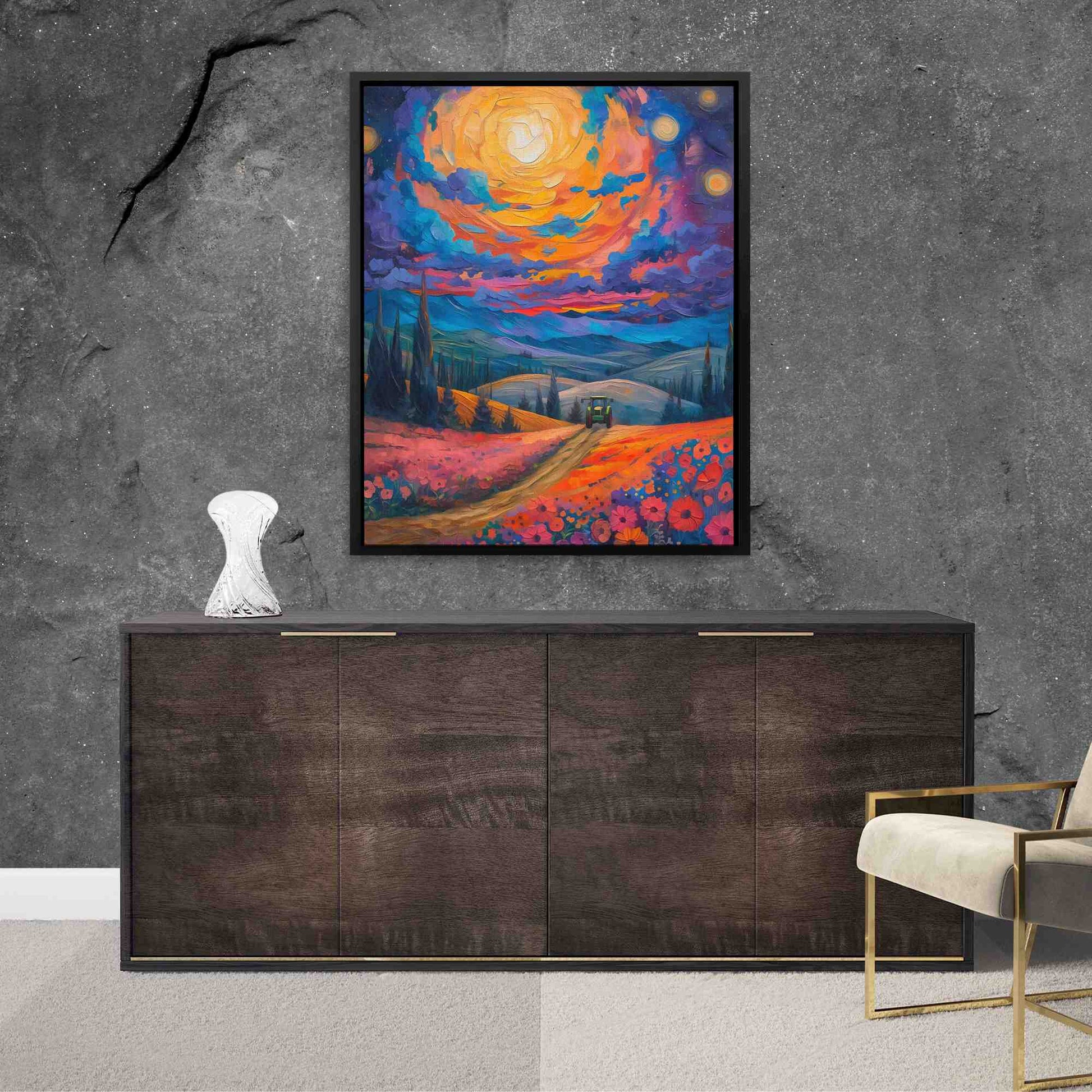 Farm Sunset - Maximalist Wall Art in Black Frame