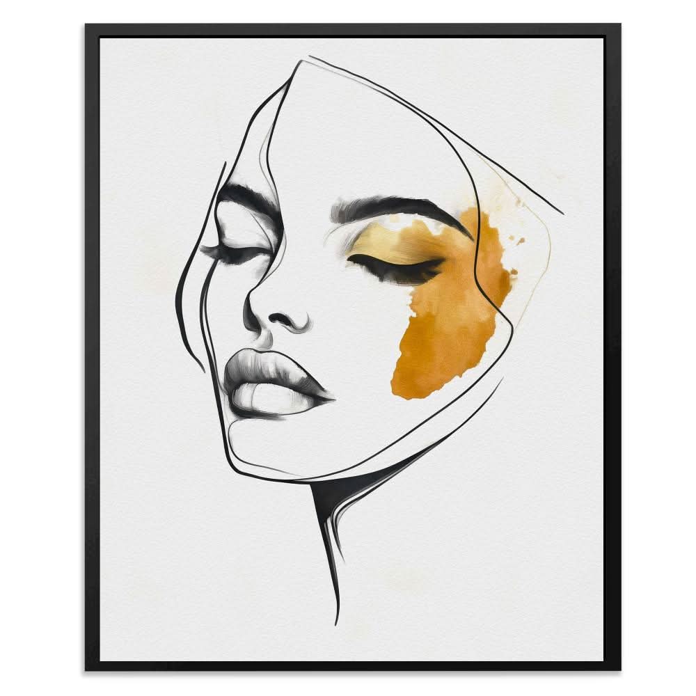 Feminine Face Line Art - Minimalist Black and Gold Canvas Wall Art