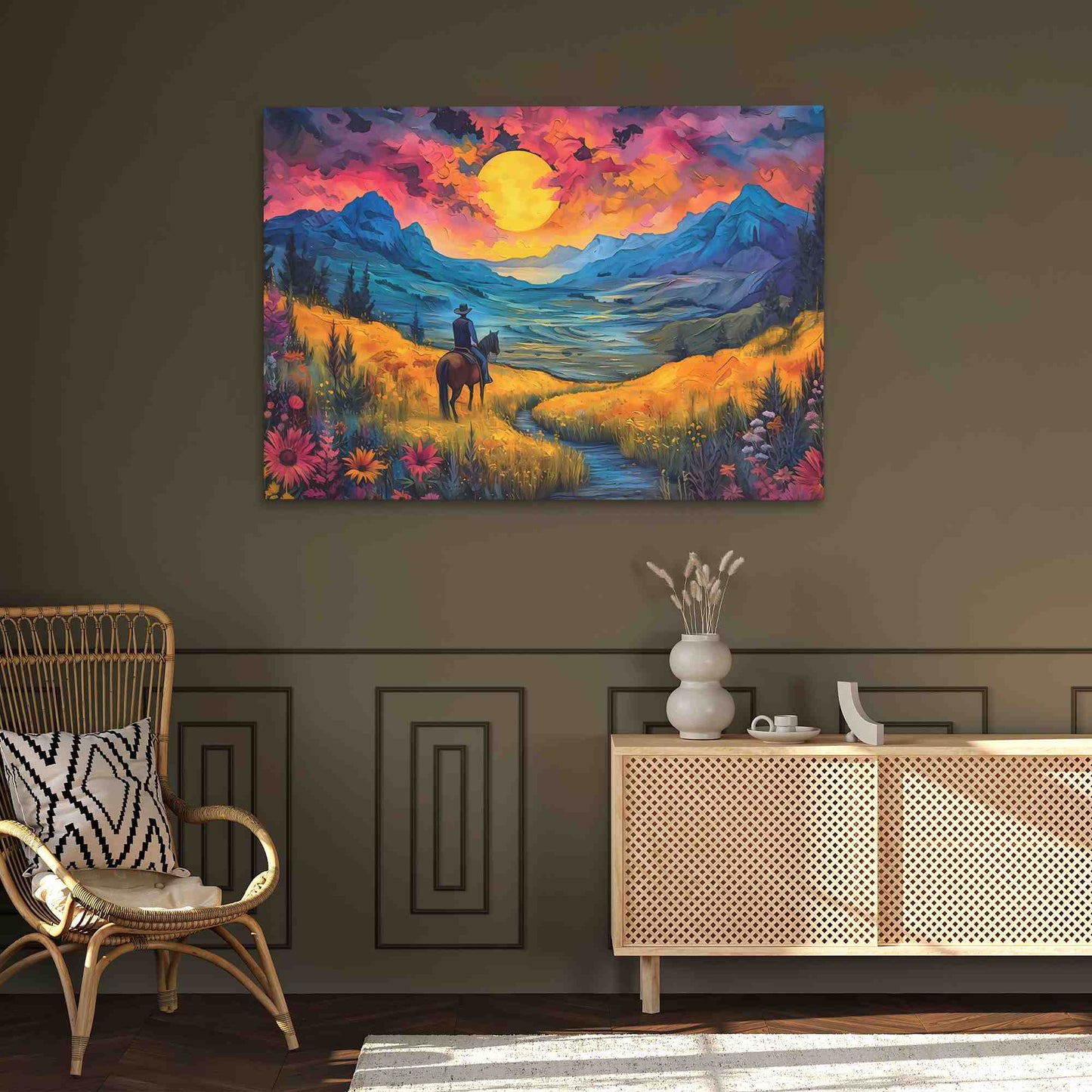 Field of Golden Blue - Horizontal Wall Art in Black Frame